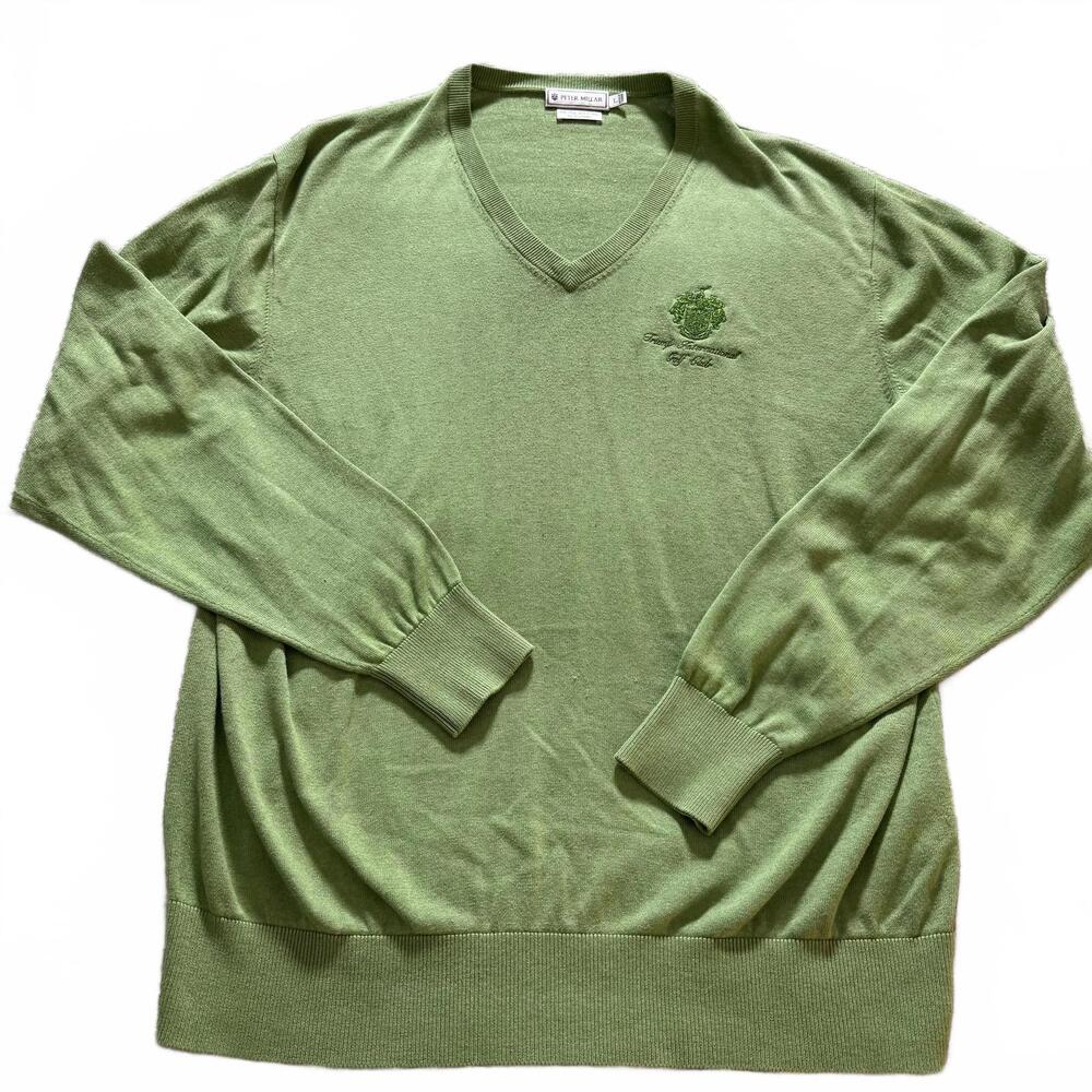 PETER MILAR Mens L VNeck Trump International Golf Club  L/S Green Silk Sweater